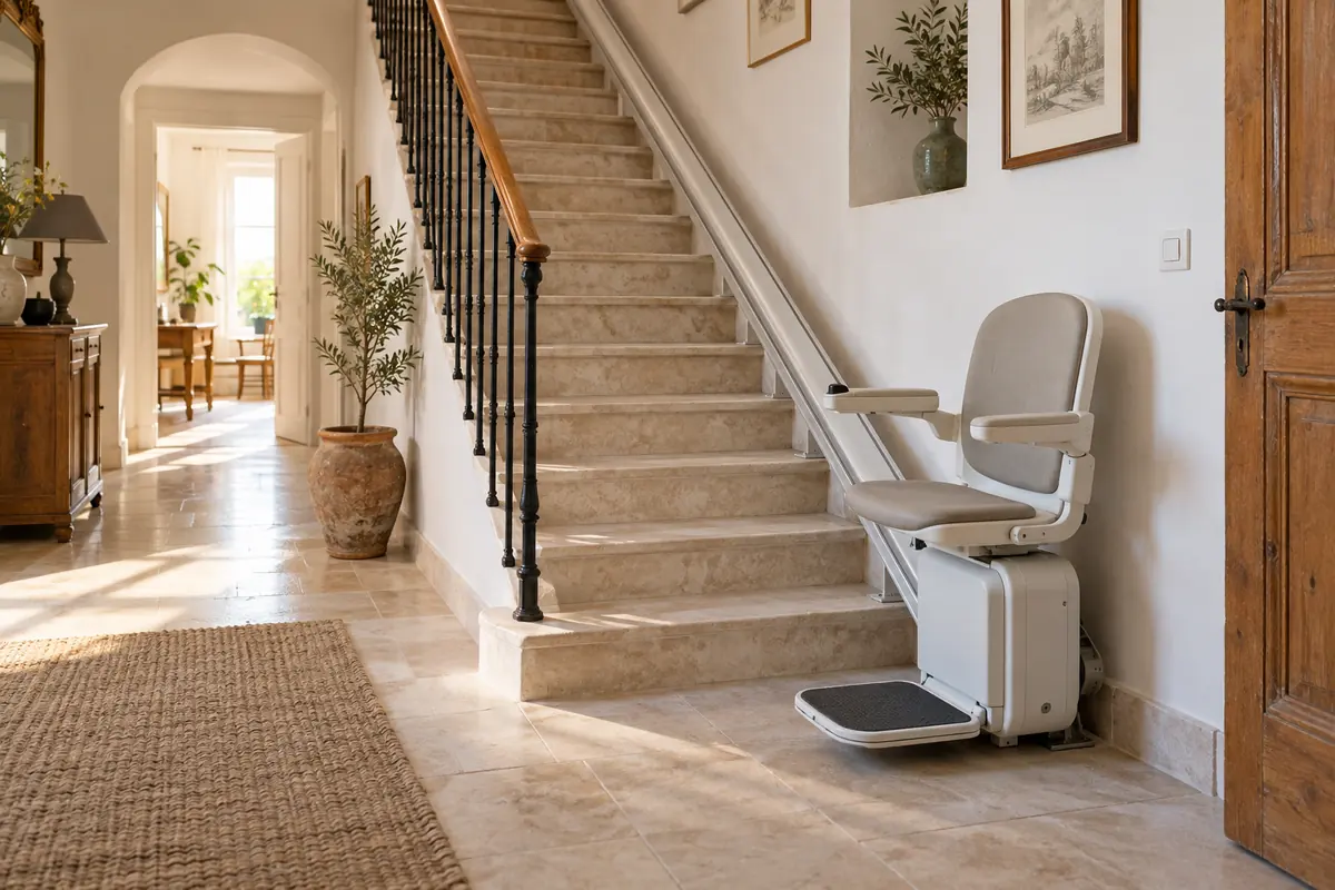 Siège monte-escalier sur un escalier intérieur en pierre claire